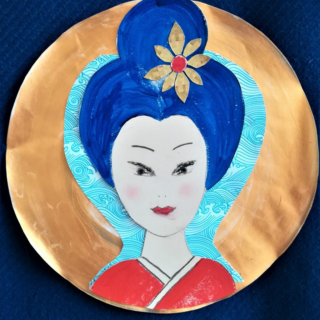 Gold, blue and red Imari style plate with portrait design inspired by the Imari collection in the Holburne Museum