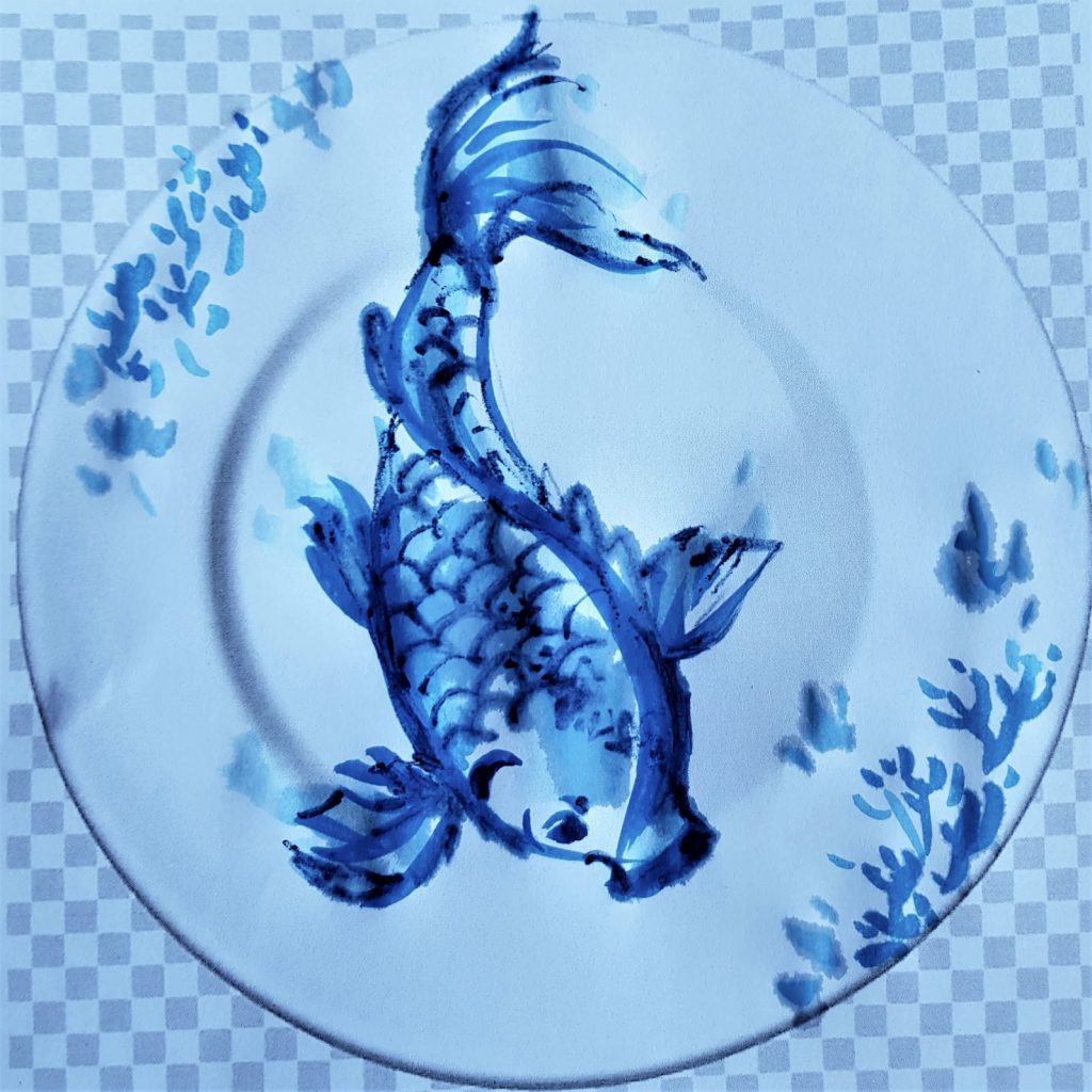 Blue and white Imari style plate with fish design inspired by the Imari collection in the Holburne Museum