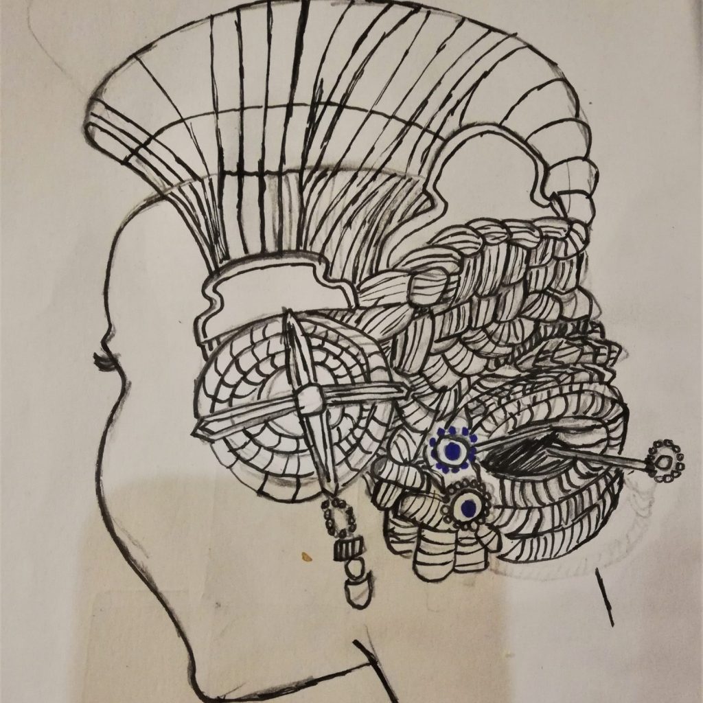 Pen and ink drawing of an elaborate wig from behind.
