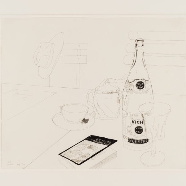 A line drawing by David Hockney featrung a book and a bottle of water on a table