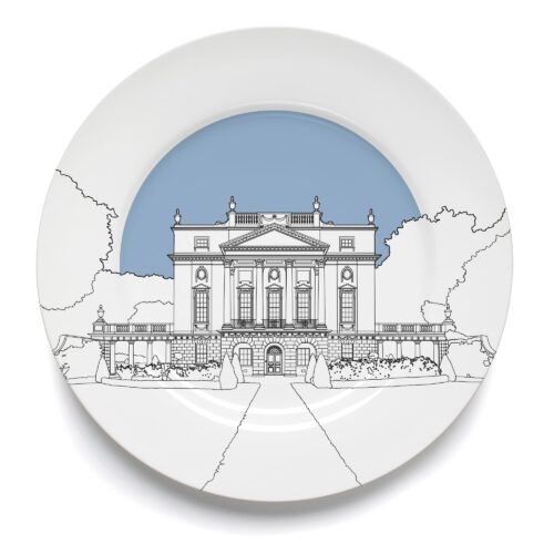 Holburne Plate with line drawing of the museum on a blue and white backgorund
